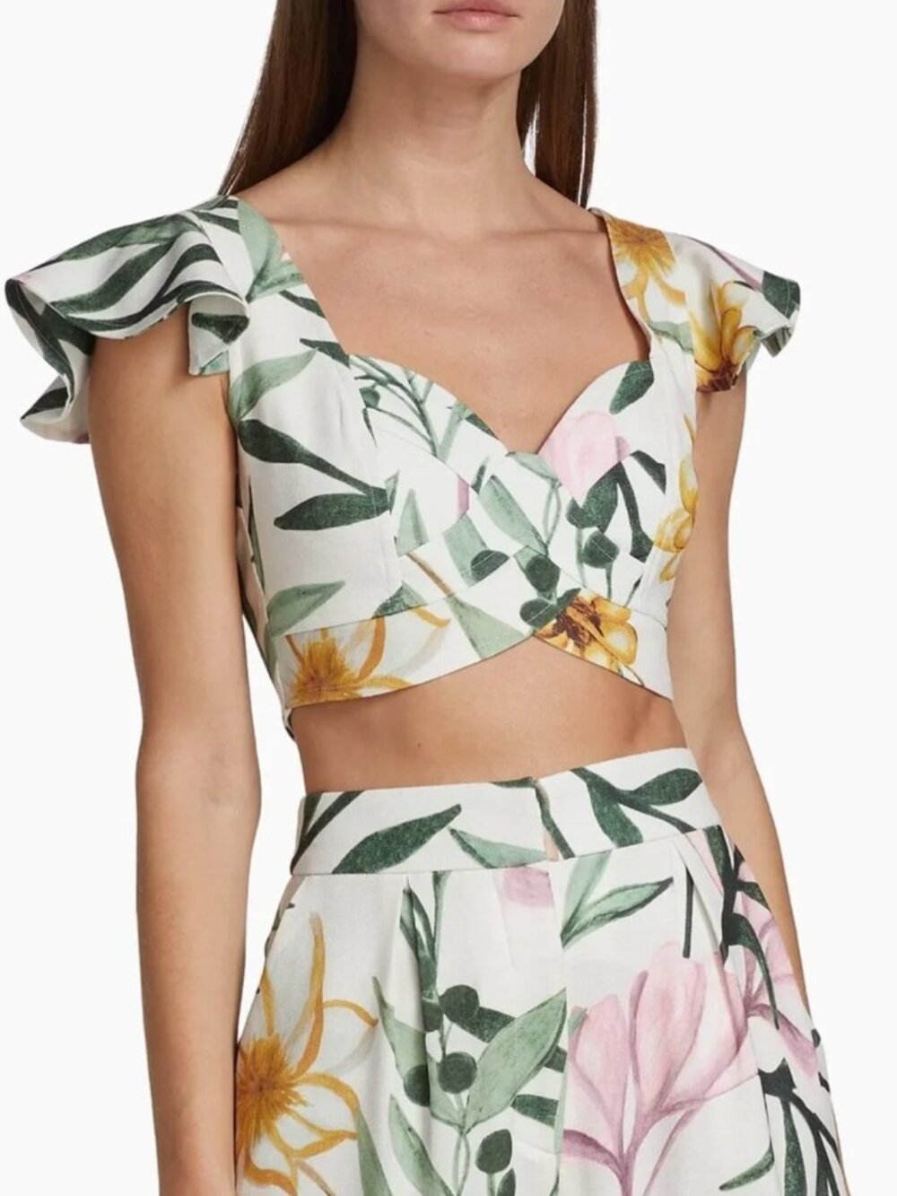 PatBO Women Cropped Linen Sweetheart Floral Blouse Green Size 6